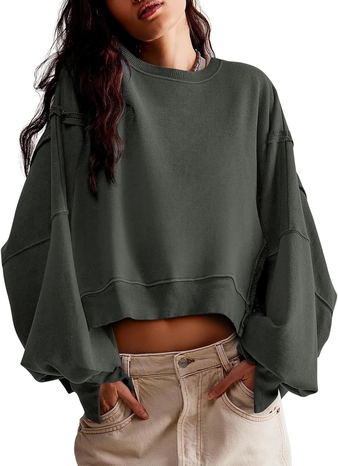 Womens Casual Sweatshirt Loose Fit Tee Top Pullover Crop Sweat Shirt | Amazon (US)