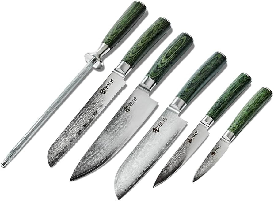 HexClad Green 6 Piece Japanese Damascus Stainless Steel Blade Essential Knife Set, Full Tang Cons... | Amazon (US)