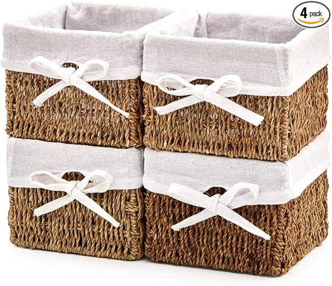 EZOWare Set of 4 Seagrass Wicker Woven Baskets, Square Natural Storage Cube Box Bins with Removab... | Amazon (UK)