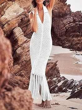 Saodimallsu Womens Halter Crochet Cover Up Fringe Sexy Backless Sleeveless V Neck Collared Vacati... | Amazon (US)