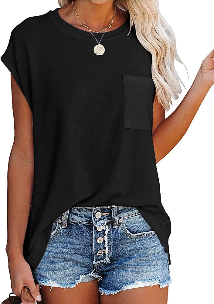WMZCYXY Women's Summer Sleeveless Crew Neck T Shirts Tops Casual Loose Fitting Tee with Pocket | Amazon (US)