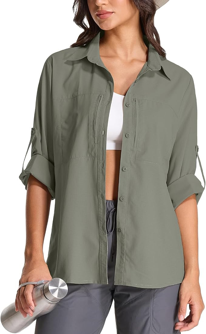 Womens UPF 50 Long Sleeve Sun Shirt Safari Hiking Quick Dry UV Protection Button Up Travel Shirt ... | Amazon (US)