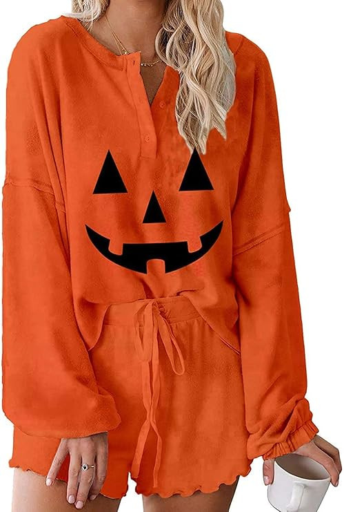 Women's Henley Button Down Ghost Pumpkin Graphic Printed Ruffle Two Piece outfits Halloween Pajam... | Amazon (US)