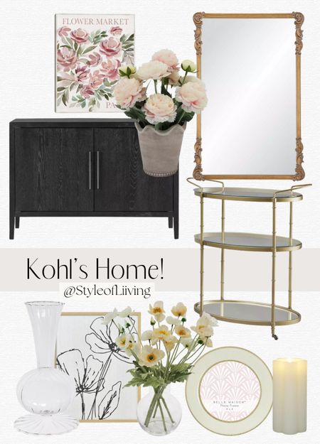 Kohl’s home finds! Furniture, bar cart, sideboard, wall art, faux florals flowers, wall mirror, vases, picture frames, candles flameless. #homedecor #kohls #homefinds #furniture #springhome

#LTKsalealert #LTKstyletip #LTKhome