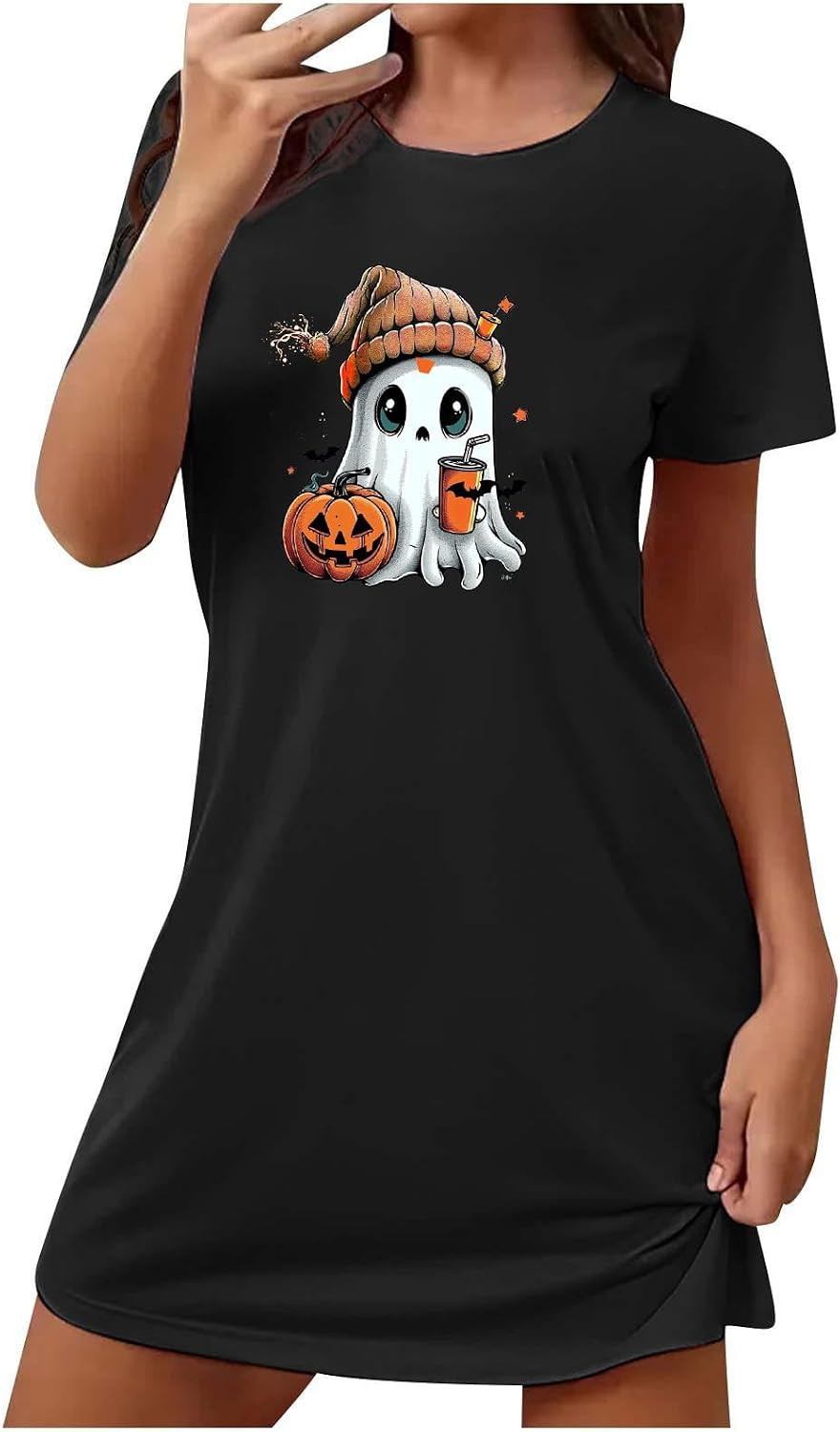 Nightshirts for Women Round Neck Short Sleeve Tunic Dresses Ghost Graphic Halloween Pajamas Nightdress | Amazon (US)