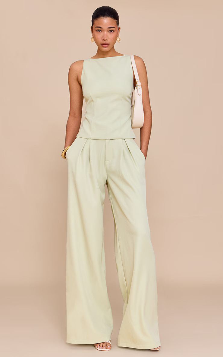 Pale Lime Woven Tailored Wide Leg Pants | PrettyLittleThing US