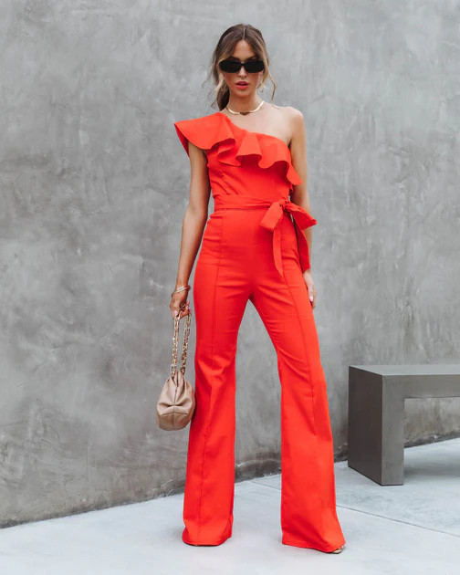 Cameran Cotton One Shoulder Flare Jumpsuit -  Red | VICI