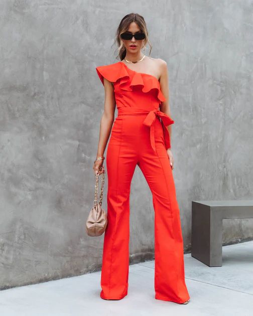 Cameran Cotton One Shoulder Flare Jumpsuit -  Red | VICI Collection