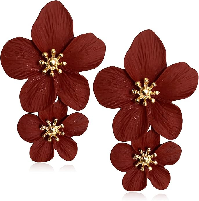 GPASTG Elegant Bohemian Large Metal Double Flower Matt Earring Chic Statement Dangle Drop Wedding... | Amazon (US)