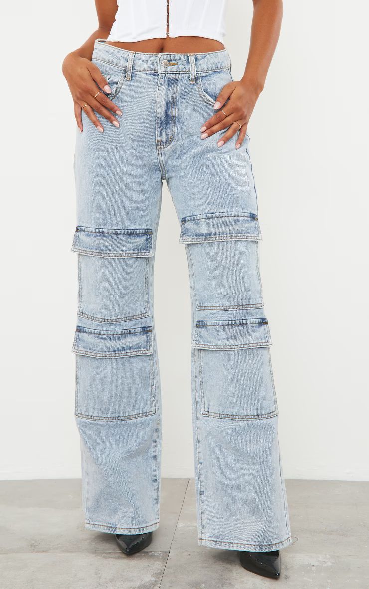 Light Blue Wash Cargo Front Pocket Baggy Boyfriend Jeans | PrettyLittleThing US