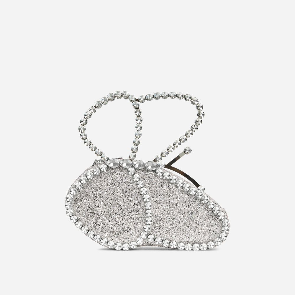 Fly-Away Diamante Handle Detail Butterfly Shaped Grab Bag In Silver Glitter | EGO (UK)