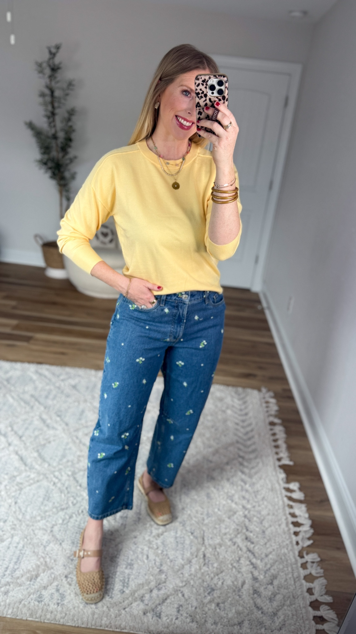 Daily try on, Walmart outfit, Walmart fashion, Walmart try on, time and tru, yellow sweater, free assembly, floral embroidered jeans

#LTKmomlife #LTKootd