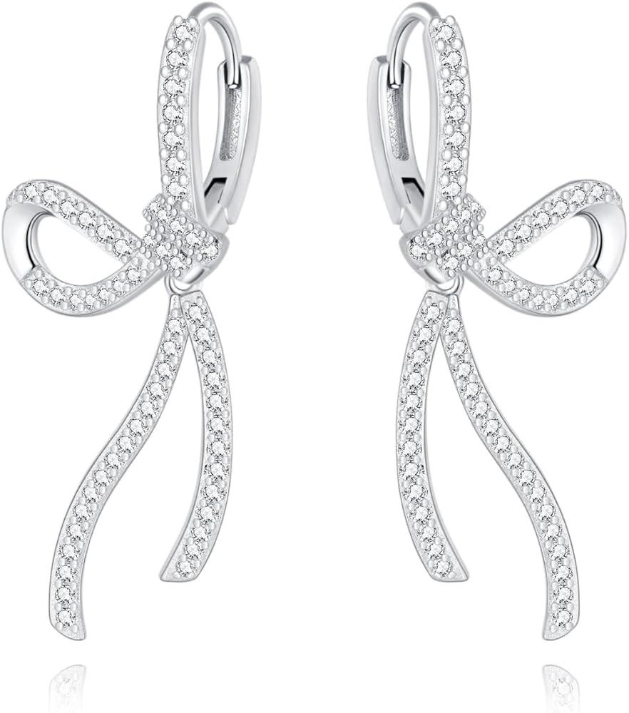 SLUYNZ Sterling Silver CZ Bow Hoop Earrings for Women Teens Rhinestone Bow Hoop Earrings Huggie D... | Amazon (US)