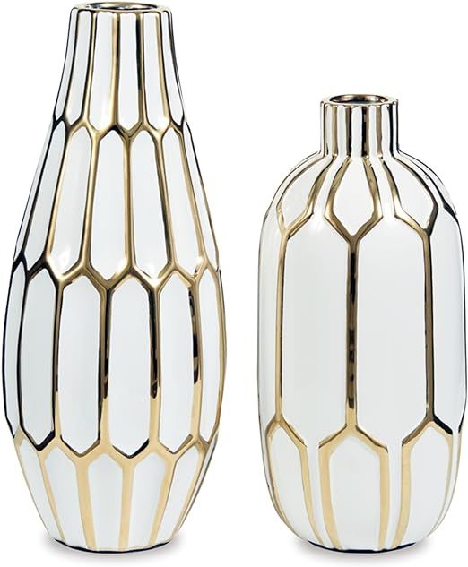 Signature Design by Ashley Mohsen Honeycomb Ceramic 2 Piece Bottle Neck Vase Set, White & Gold | Amazon (US)