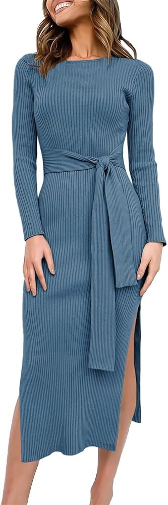 Women's 2023 Fall Elegant Sweater Dress Long Sleeve Crewneck Tie Waist Slim Rib Knit Slit Bodycon... | Amazon (US)
