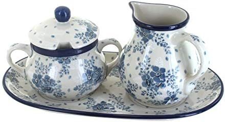 Blue Rose Polish Pottery Blue Fleur Large Cream & Sugar Set with Tray | Amazon (US)