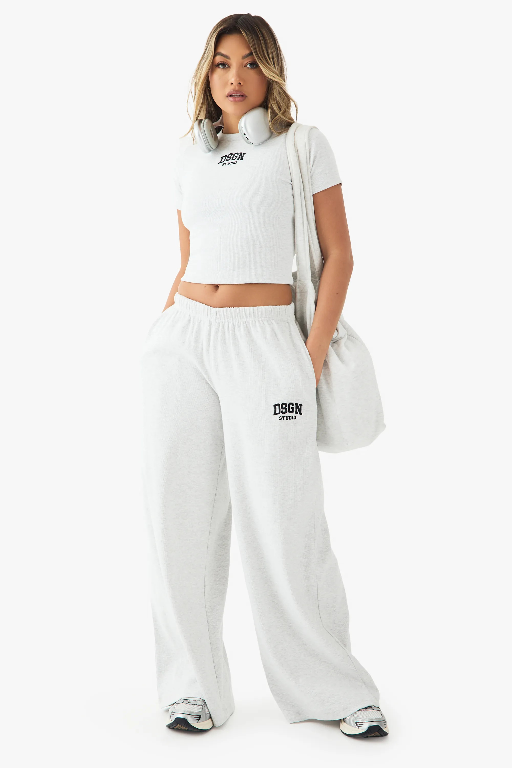 DSGN Studio Embroidered Rib Mid Waist Trouser | boohoo (US & Canada)