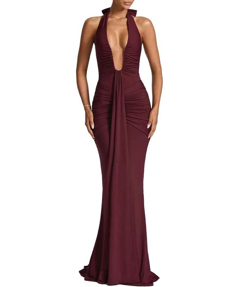 Women's Sexy Deep V-Neck Maxi Dress Sleeveless Halter Ruched Bodycon Formal Cocktail Party Evenin... | Amazon (US)