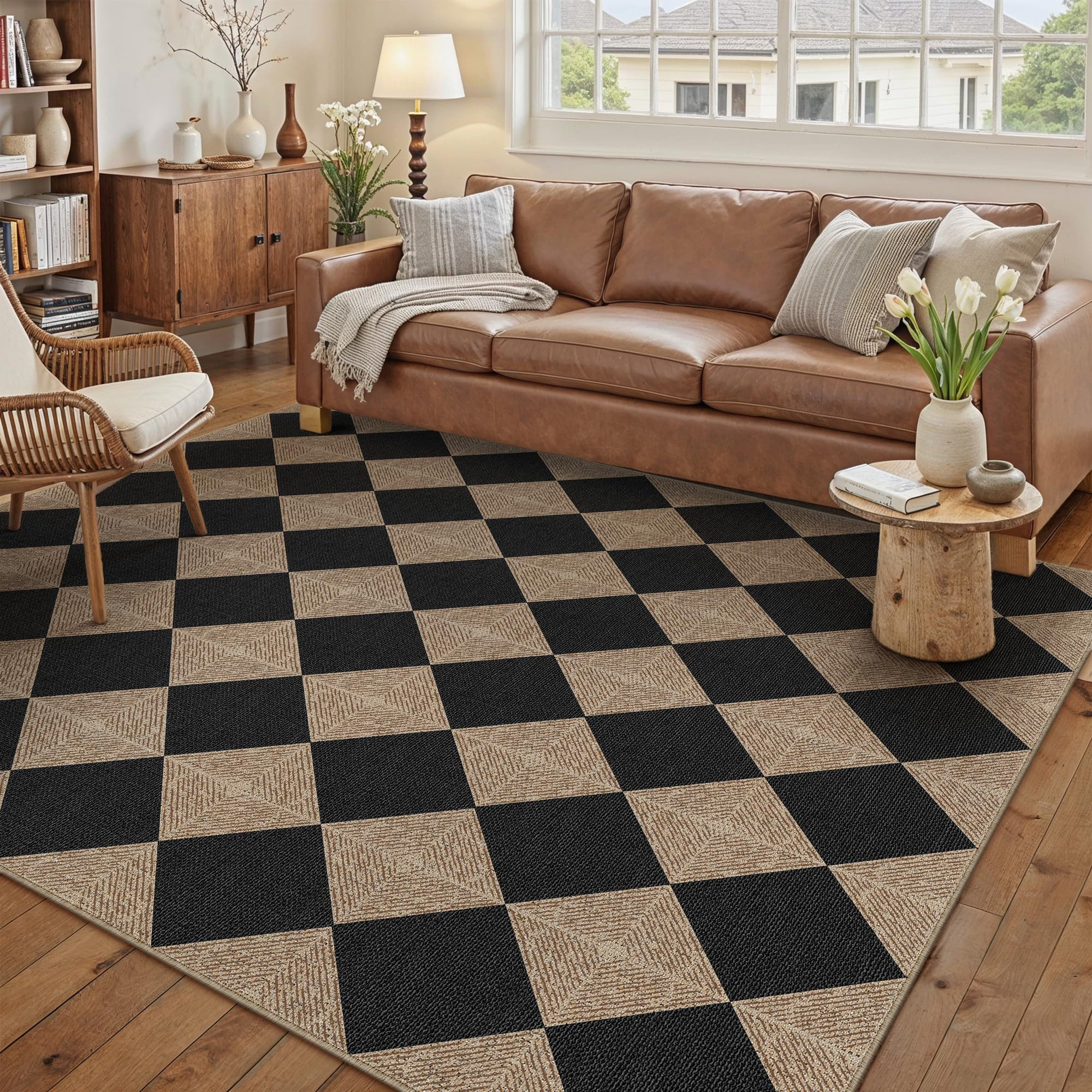 PureCozy 5x7 Checkered Easy Jute Area Rug for Living Room Checkerboard Washable Indoor Outdoor Ca... | Amazon (US)