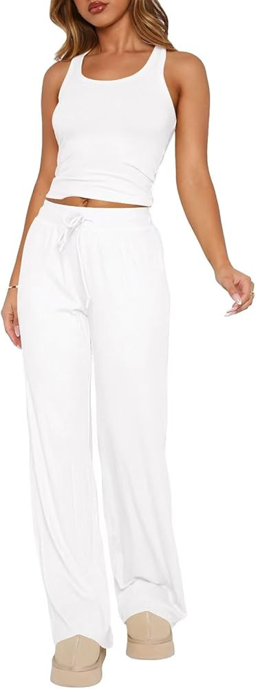 BONITEE Womens Loungewear Set 2 Piece Pajama Sets Summer Sleeveless Crop Tank Tops Wide Leg Pants... | Amazon (US)