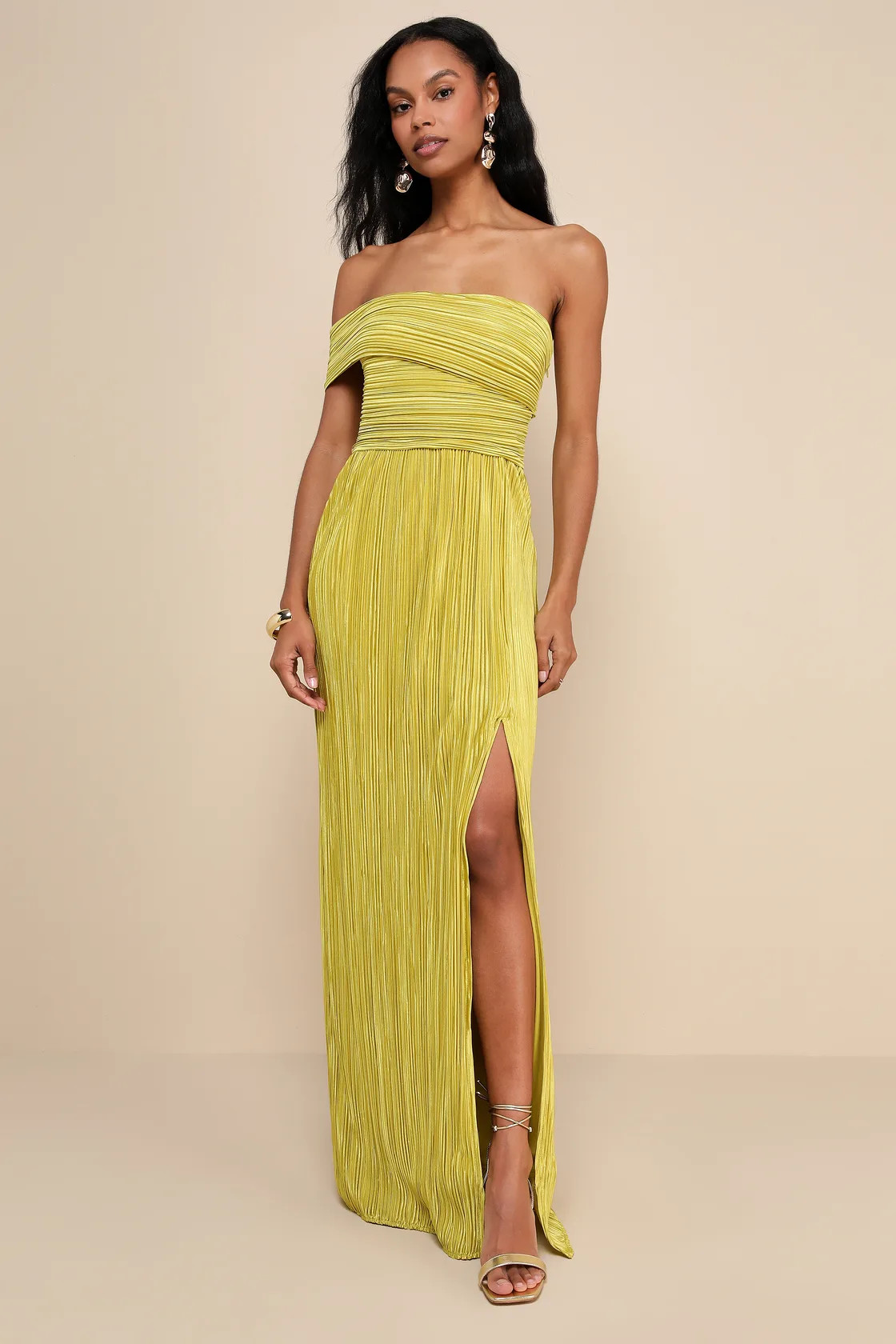 Poised Performance Chartreuse Plisse One-Shoulder Maxi Dress | Lulus