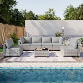muphyers 7-Piece Wicker Outdoor Sectional Set Sofa Couch with Grey Cushions P2507-LG - The Home D... | The Home Depot