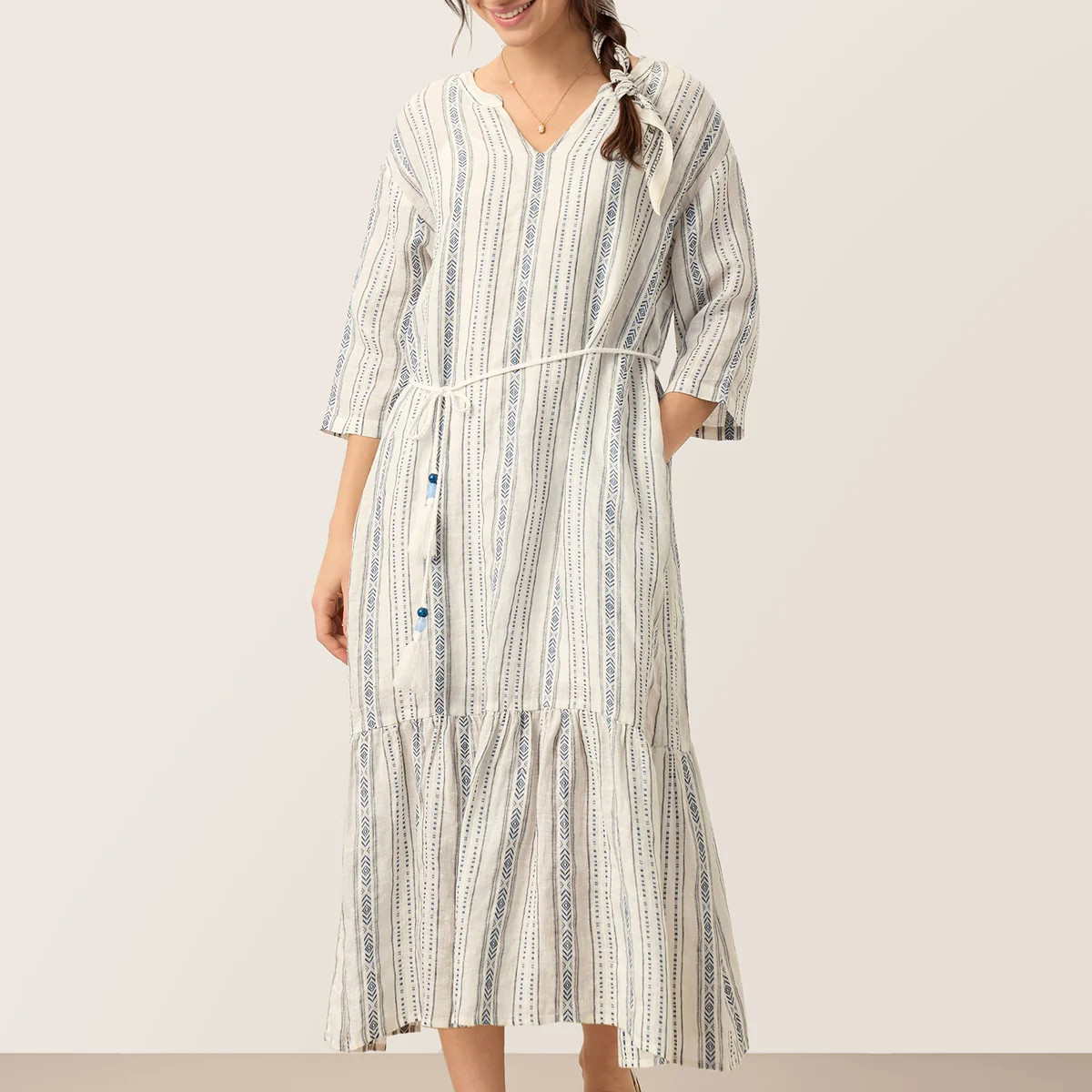 Linen Tribal Stripe Split Neck Bohemian Ruffle Midi Dress with Woven B | LINTICO