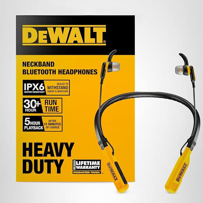 DEWALT Heavy Duty Bluetooth Neckband Headphones, Wireless Around The Neck Earbuds w/ 30H Runtime ... | Amazon (US)