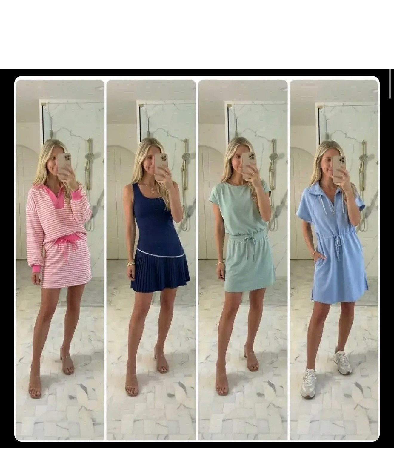 A bright, airy bathroom mirror-selfie collage featuring four casual summer outfits worn by the same woman. Soft natural daylight, neutral marble flooring, clean minimalist background. Look 1: pink and white striped long-sleeve lounge set with relaxed fit, effortless cozy vibe. Look 2: navy sleeveless tennis-inspired mini dress with subtle white trim and pleated hem, sporty chic aesthetic. Look 3: sage green short-sleeve mini dress with elastic waist and drawstring, simple and fresh everyday style. Look 4: light blue collared short-sleeve mini dress with drawstring waist, paired with white sneakers for an elevated casual look. Cohesive color palette, modern Pinterest layout, influencer fashion aesthetic, lifestyle editorial feel, high resolution, no text.

Hashtags:
#casualsummer #everydaystyle #pinterestoutfits #sportychic #athleisurewear #summerdress #effortlessfashion #neutraltones #coastalcool #tennisstyle #loungeset #weekendwear #capsulewardrobe #styledaily #fashioninspo #ootdinspo #trendystyle #travelcasual

#LTKSeasonal #LTKActive #LTKGiftGuide