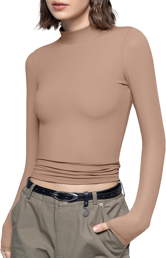 PUMIEY Women's Long Sleeve T Shirts Mock Turtleneck Slim Fit Tops Sexy Basic Tee Smoke Cloud Pro ... | Amazon (US)