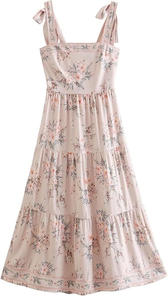 Women Fashion Floral Print Midi Dress Vintage Backless Elastic Tied Wide Straps Female Dresses | Amazon (US)