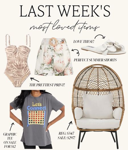 Last week’s best selling items! The cutest graphic tee for summer, everyone’s favorite wicker egg chair on sale, cute floral shorts for summer, the prettiest floral bandeau swimsuit and my new favorite white flower embellished summer sandals! 

#summersandals #eggchair #graphictee #targetswim 

#LTKstyletip #LTKunder100 #LTKSeasonal