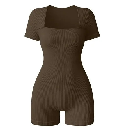 Sevpuikl Women's Ribbed Square Neck Short Sleeves Romper Tummy Control One Piece Yoga Jumpsuit Bodysuit Seamless for Workout Exercise(Dark brown,S) | Walmart (US)