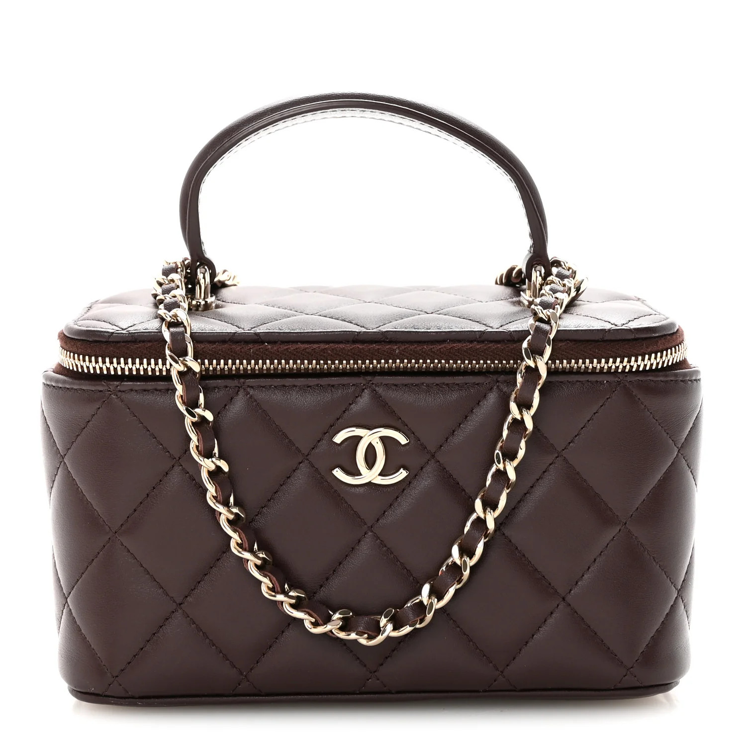 Lambskin Quilted Small Top Handle Vanity Case With Chain Dark Brown | FASHIONPHILE (US)