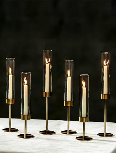 NUPTIO Hurricane Candle Holder for Centerpiece: Set of 6 Gold Taper Candle Holders Bulk - Tall Brass Candlestick Holders with Cylinder Shape Cover for Dinner Table Christmas Decor | Amazon (US)