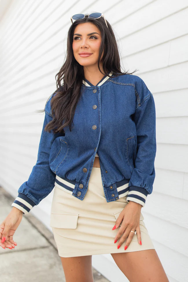 Never Left Me Denim Bomber Jacket | Pink Lily