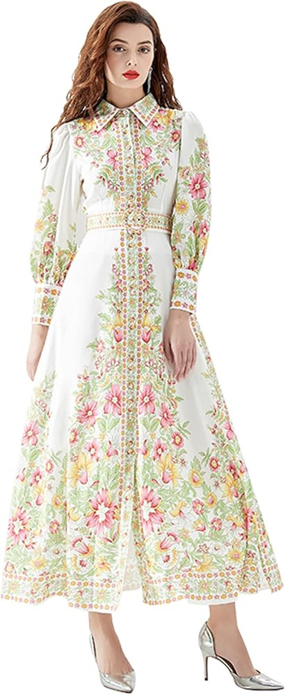 LAI MENG FIVE CATS Women's Vintage Floral Print Belt Maxi Dress Flowy Casual Button Up Split Long... | Amazon (US)