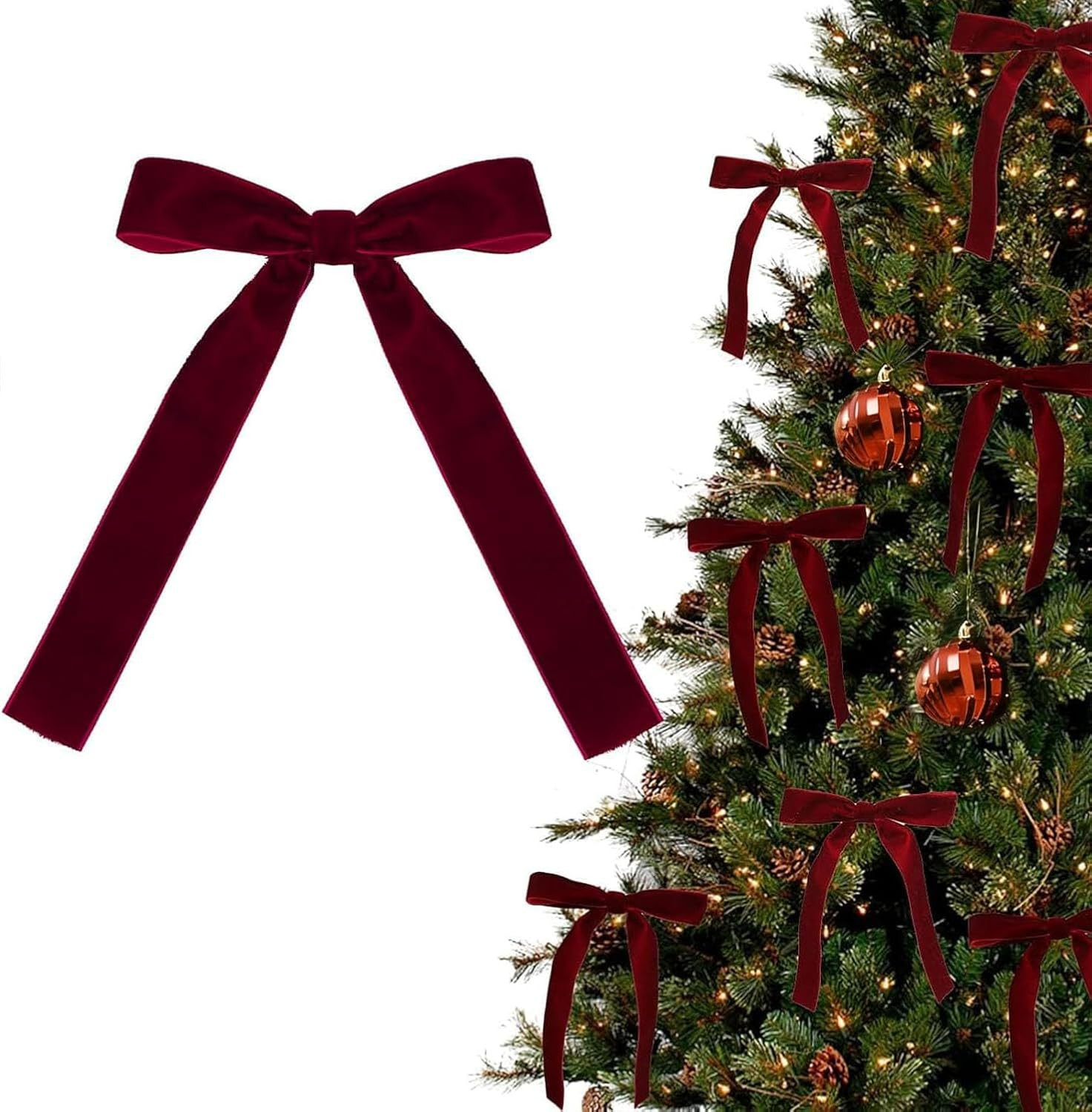24 Pcs Red Vintage Velvet Christmas Bows Ornaments - Luxury Velvet Ribbon Bows for Christmas Tree Decor, Xmas Home Decoration (Burgundy) | Amazon (US)
