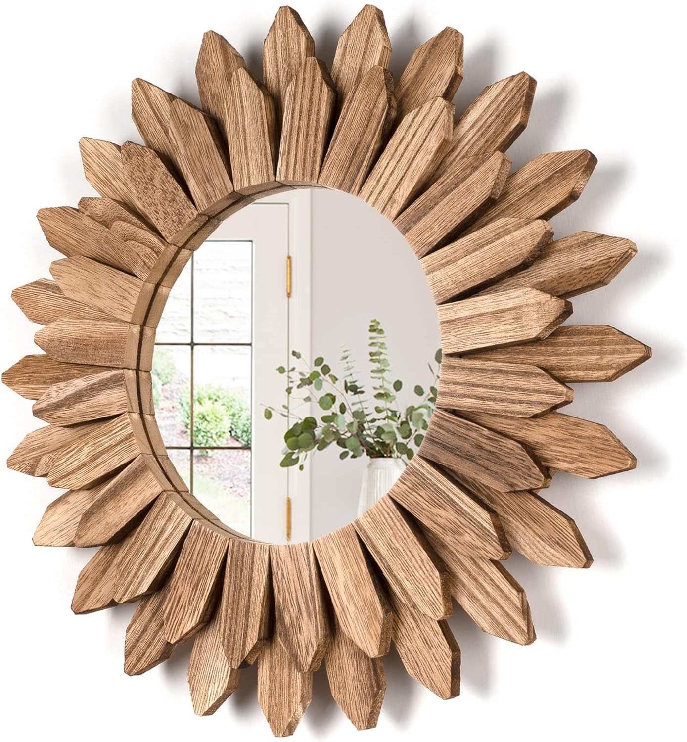 Wall Mirror Decorative 12 inch Rustic Wood Mirror Sunburst Boho Mirror for Entryway Bedroom Living Room Bathroom House Warming Gifts New Home Essential Carbonized Black | Amazon (US)