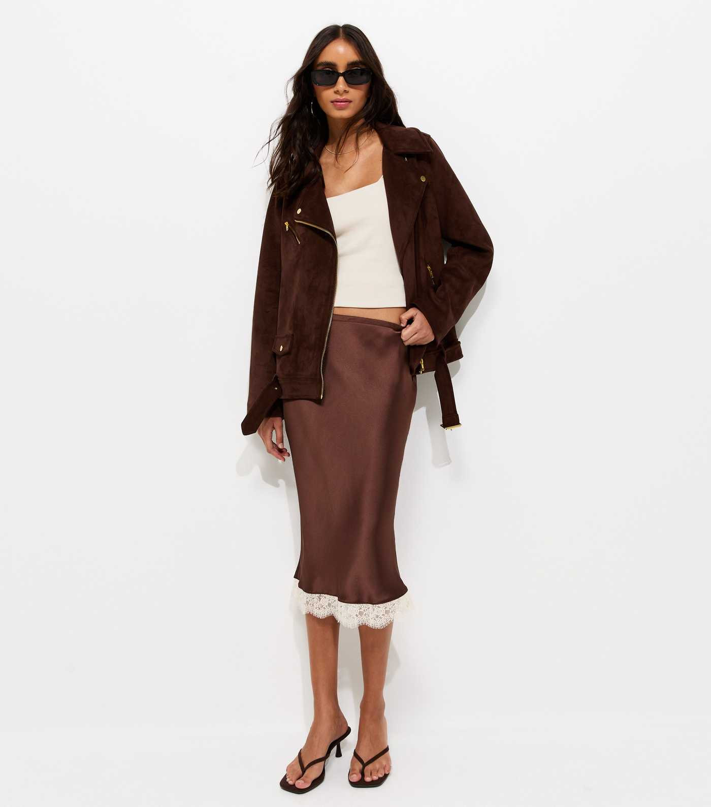 Brown Lace Trim Satin Midi Skirt | New Look | New Look (UK)