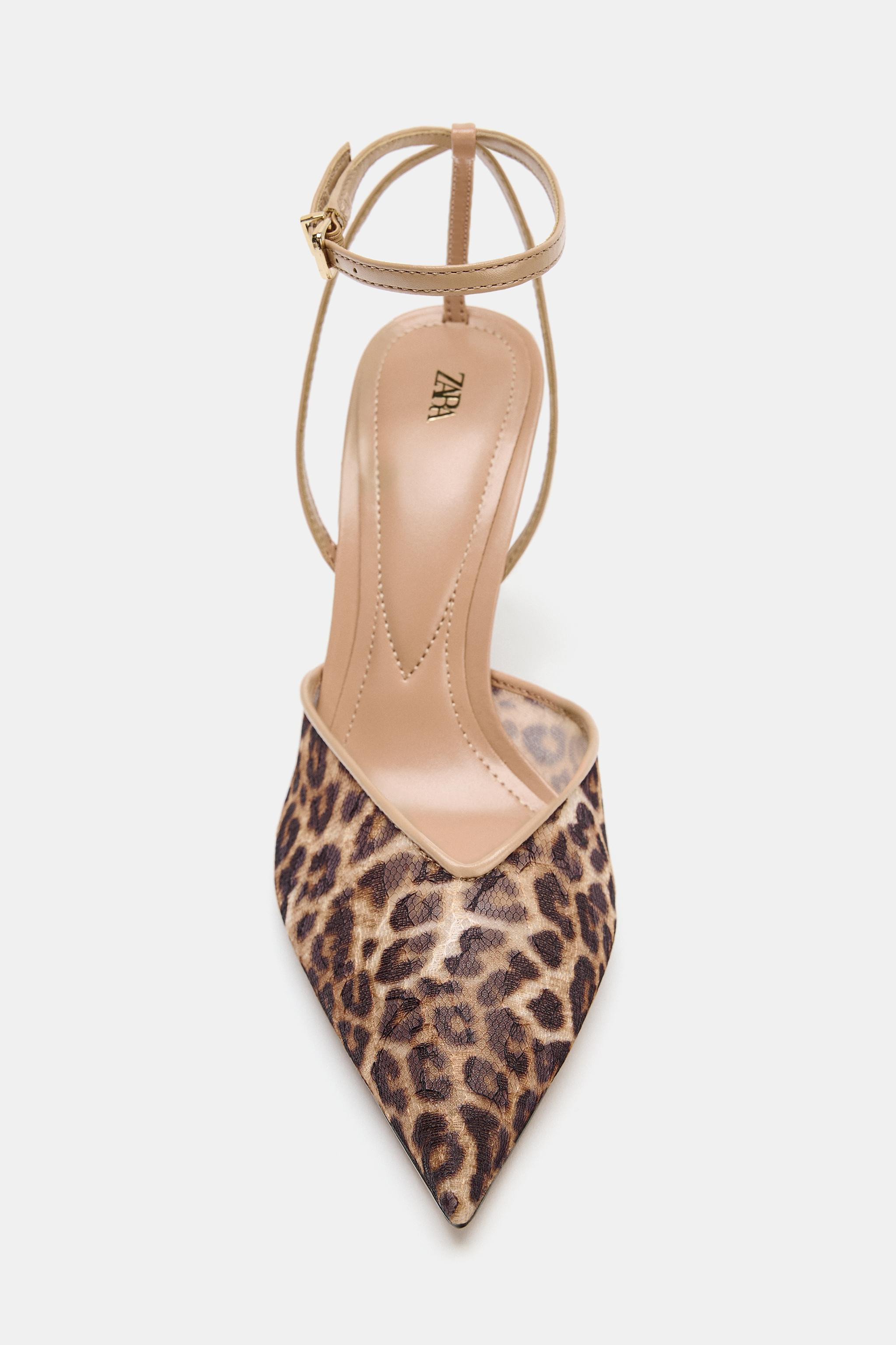 Mesh slingback heels. Printed upper. Ankle strap with buckle detail. High stiletto heel. Pointed ... | Zara US