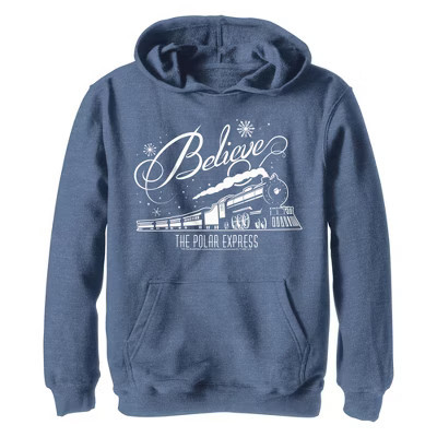 Boy's Polar Express Believe Train  Pull Over Hoodie - Navy Blue Heather - X Large | Target