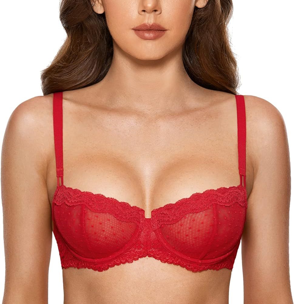 DOBREVA Women's Sexy Lace Bra Underwire Balconette Unlined Demi Sheer Plus Size | Amazon (US)