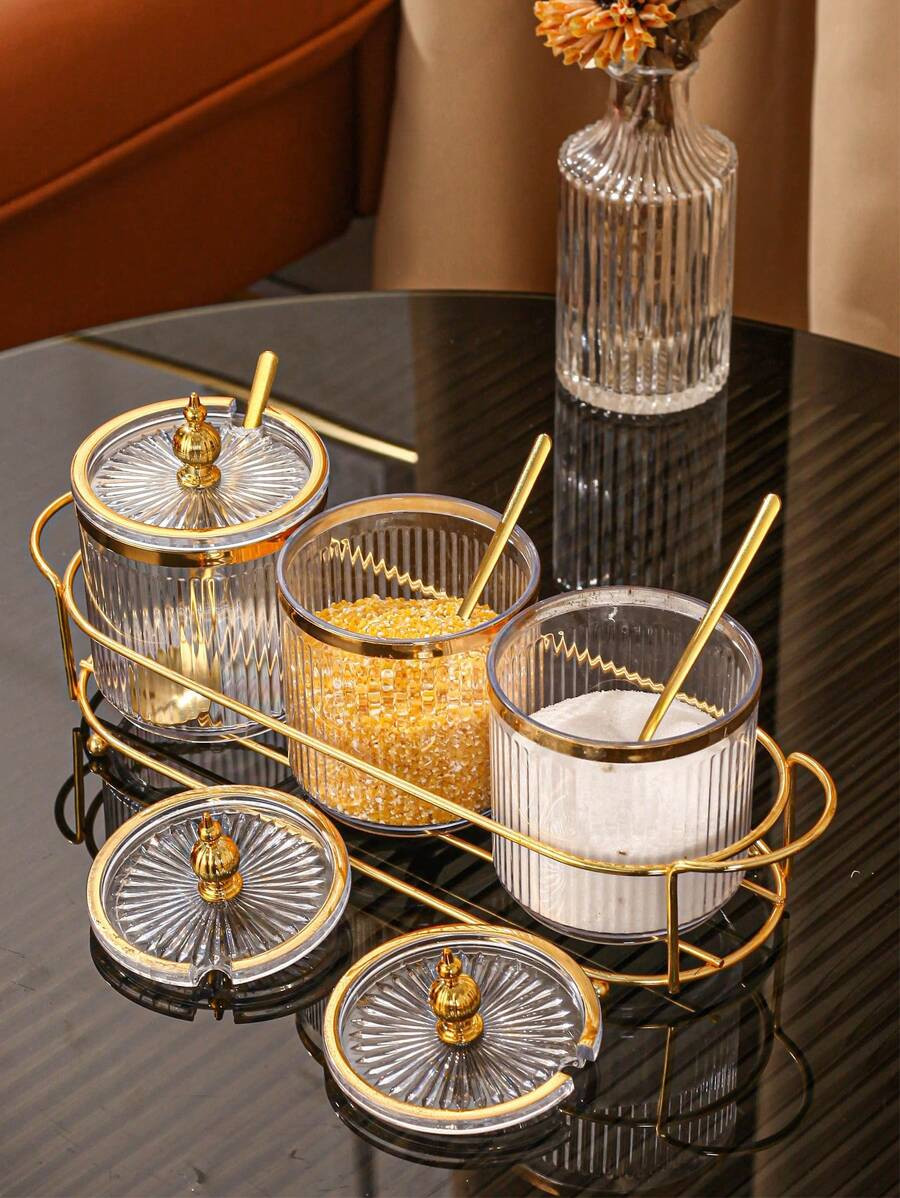 Luxury Seasoning Jar Kitchen Storage Oil Salt & Spice Container Set With 3 Jars And A Spoon | SHEIN