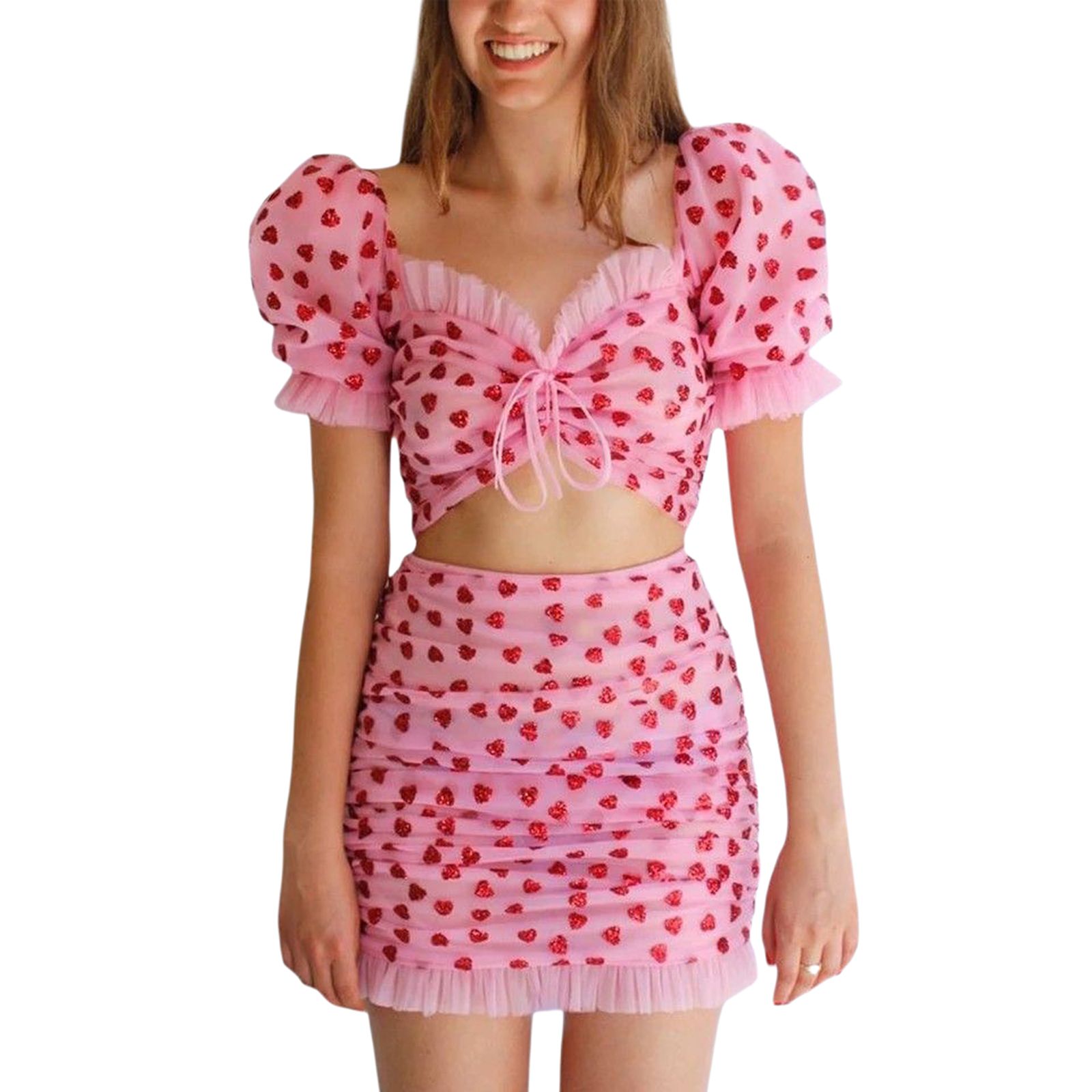 MERSARIPHY Heart Pattern Puff Sleeve V-Neck Tie Up Tulle Crop Top + Frill Skirt | Walmart (US)