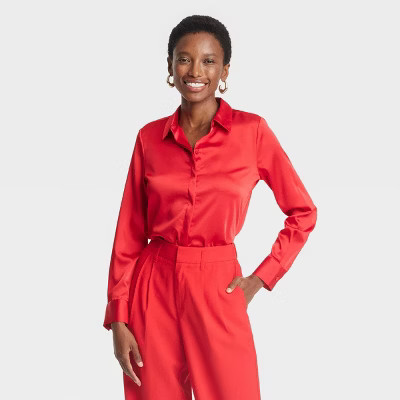 Women's Long Sleeve Satin Button-Down Shirt - A New Day™ Red M | Target