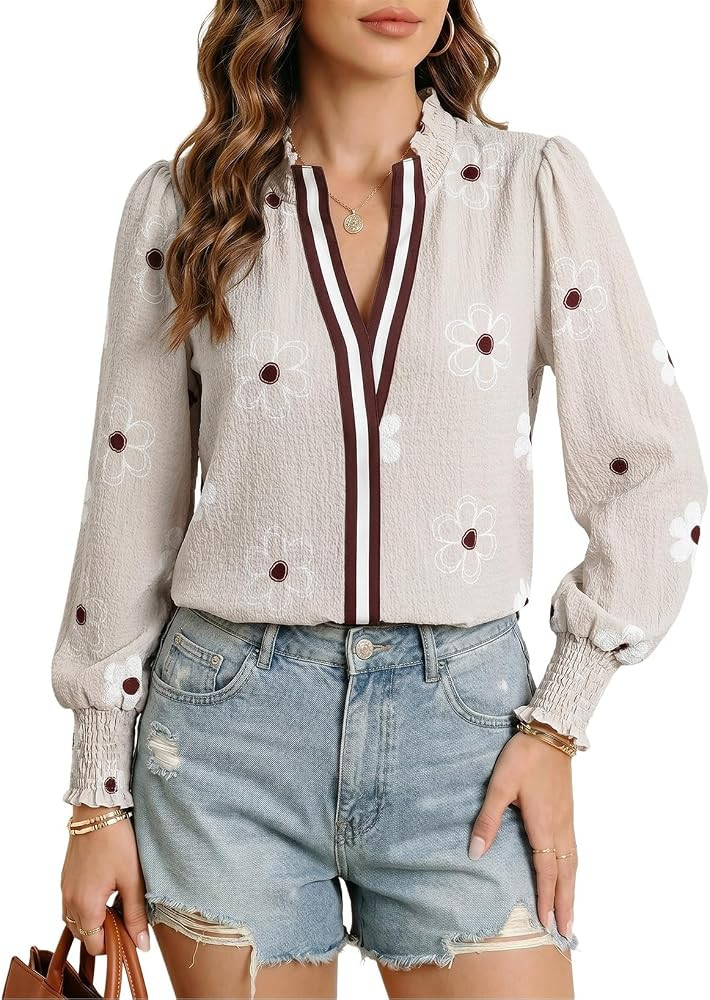 Dokotoo Womens Boho Floral Ruffle Shirts V Neck 2026 Fall Tops Blouses | Amazon (US)