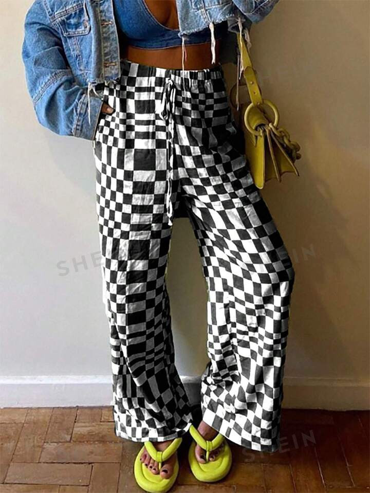 SHEIN LUNE Women's Plaid Printed Simple Daily Long Pants | SHEIN USA | SHEIN