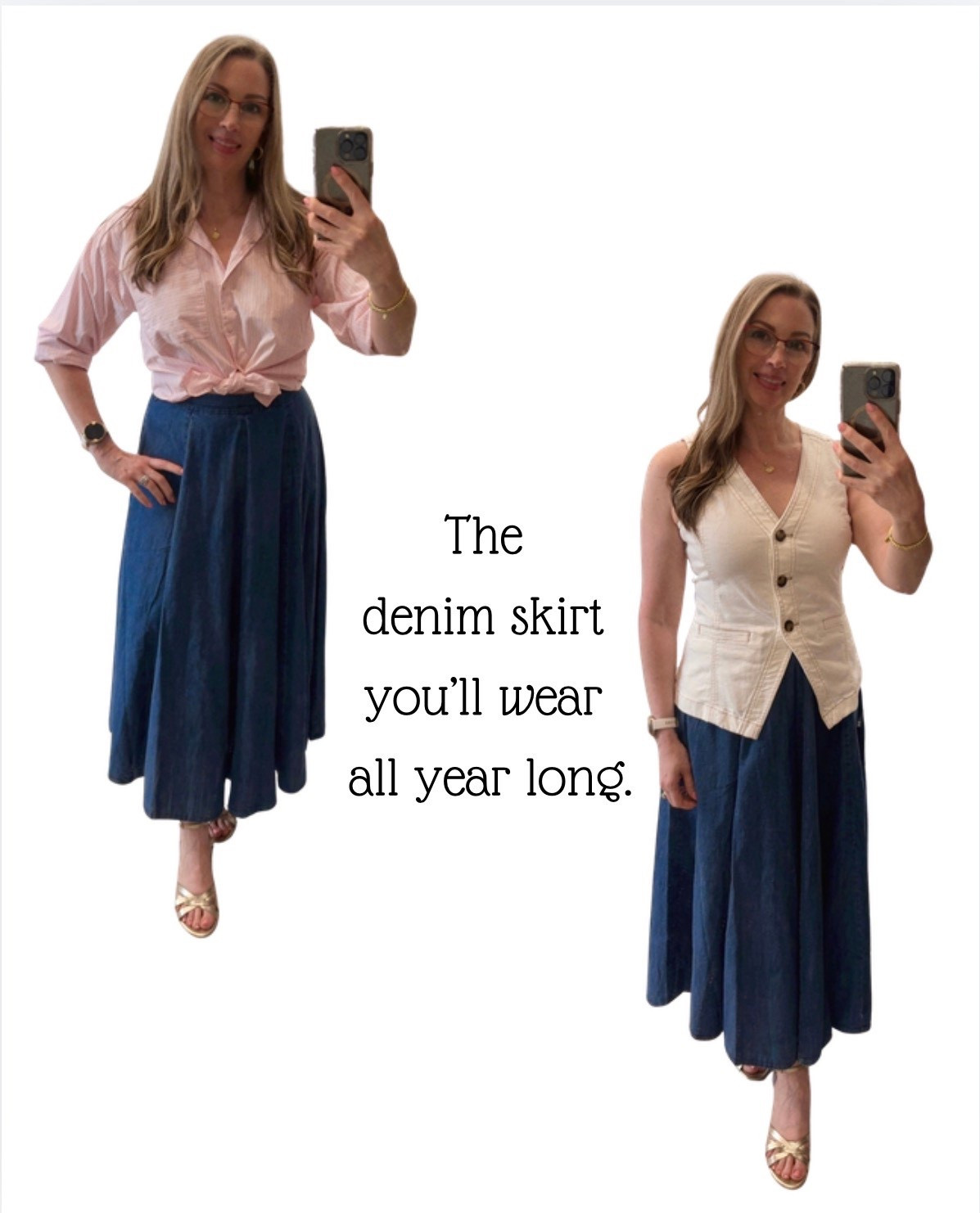 When I saw this skirt, I just knew I had to have it! It’s such a versatile piece that you can wear all year round by pairing it with tank tops, short sleeves, or cozy sweaters. A charming little short denim jacket would look absolutely fabulous with it. As autumn and winter roll around, you can add tall or short boots for a perfect touch. The styling options are truly endless! Chambray maxi-skirt

#LTKOver40 #LTKmomlife #LTKSaleAlert