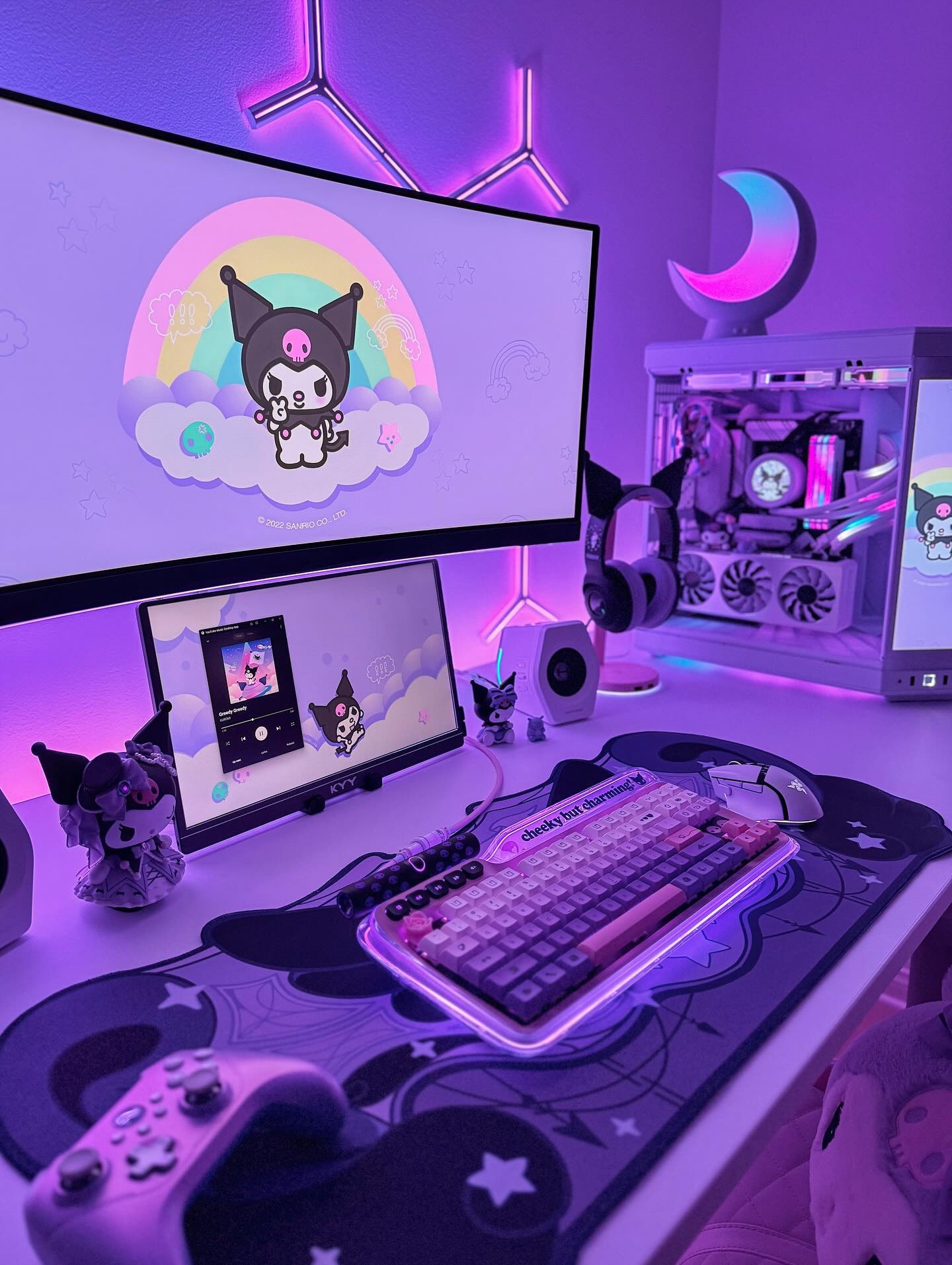 NEW SETUP sneak peek~ 🎮💜 Are you ready to see my full desk renovation? 👀 I’ve been busy these last few weeks tearing everything down and starting my gaming setup from scratch! I even took down my old wall lights and had to patch and repaint the wall. 🤣 I’m especially excited that I got to add a small second monitor, but what I’m most excited about is the new desk itself! 😍 More details coming soon~ 🩷 Have you made any upgrades to your setup this year? ✨

🖤💕🖤💕🖤💕🖤

kuromi, gaming setup, gaming pc, RGB lighting, govee lights, desk setup, Sanrio, purple desk setup, kawaii gaming setup, cute, gaming accessories 

#LTKFindsUnder50 #LTKFindsUnder100 #LTKHome